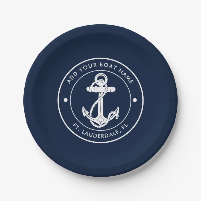 Plato De Papel Personalizado Anchor Nombre Barco Naval Azul Náuti (Anverso)