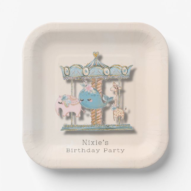 Plato De Papel Personalizado Animales Carousel Birthday Party (Anverso)