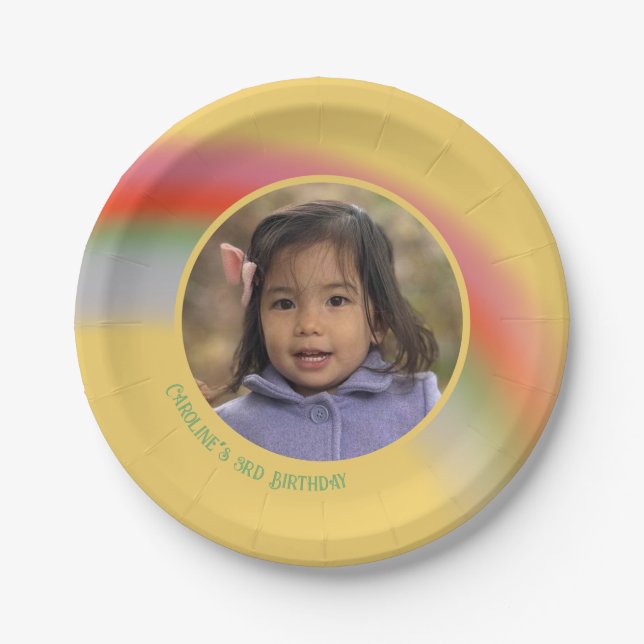 Plato De Papel Personalizado arcoiris simple foto de cumpleaños (Anverso)