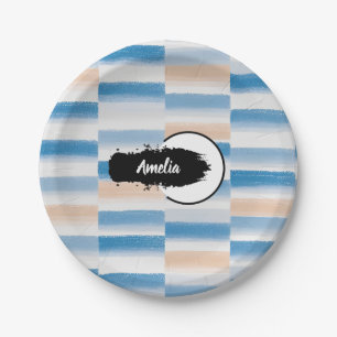Plato De Papel Personalizado Azul Melocotón Acuarela Redondo