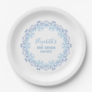 Plato De Papel Personalizado Azul Monograma Simple Floral Elegant
