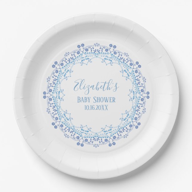 Plato De Papel Personalizado Azul Monograma Simple Floral Elegant (Anverso)