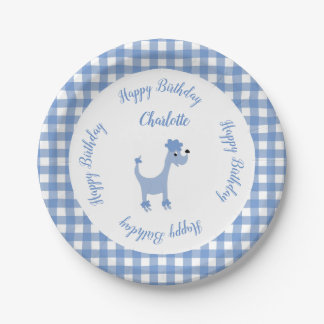Plato De Papel Personalizado azul poodle Posh Paws gingham cumple