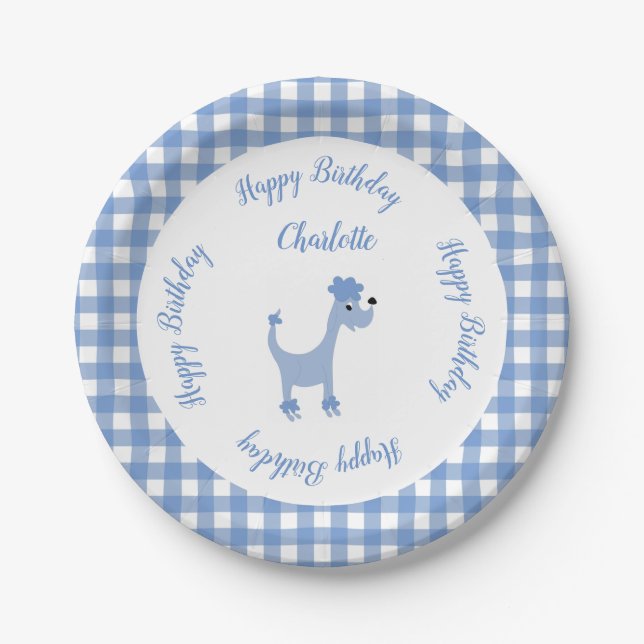 Plato De Papel Personalizado azul poodle Posh Paws gingham cumple (Anverso)