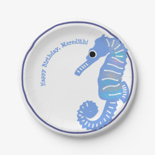 Plato De Papel Personalizado azul Seahorse Cute Fiesta