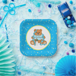 Plato De Papel Personalizado azul y amarillo Teddy Bear Baby Show