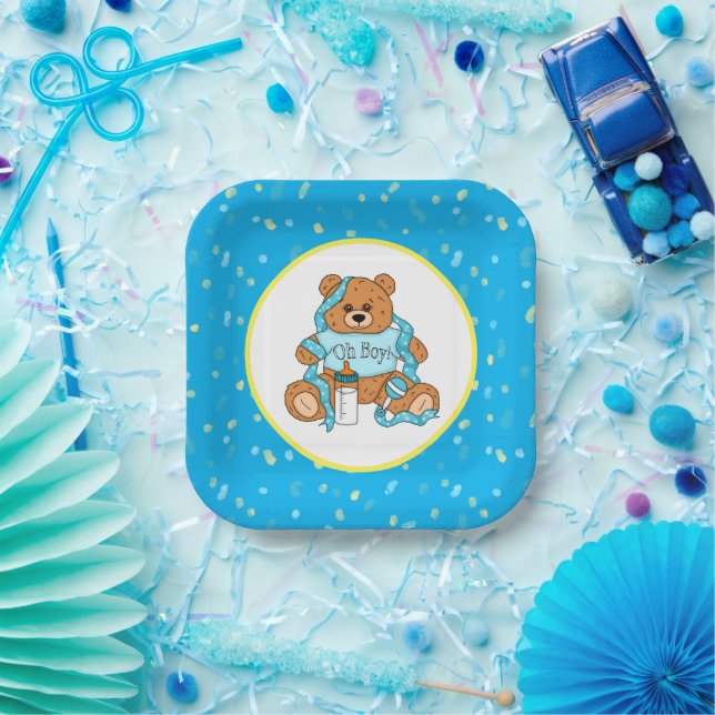 Plato De Papel Personalizado azul y amarillo Teddy Bear Baby Show (Fiesta)