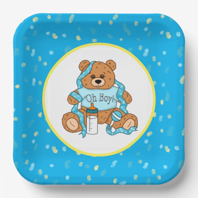 Plato De Papel Personalizado azul y amarillo Teddy Bear Baby Show (Anverso)