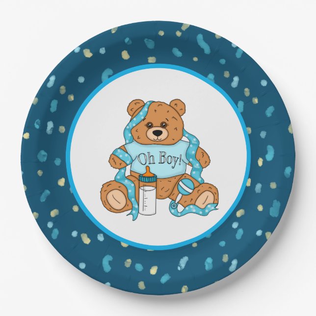 Plato De Papel Personalizado azul y amarillo Teddy Bear Baby Show (Anverso)