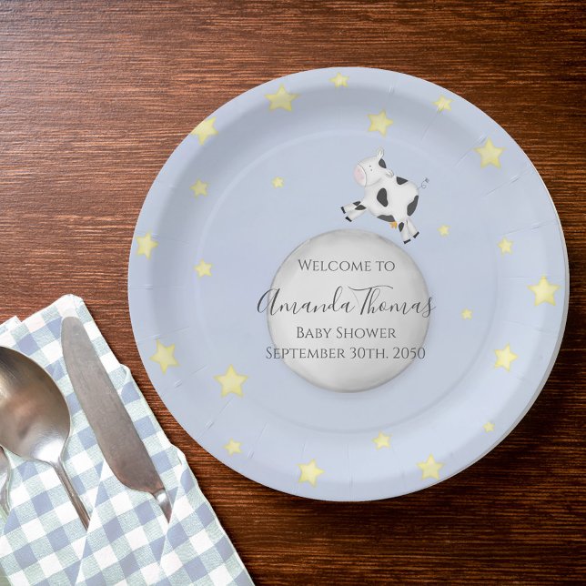 Plato De Papel Personalizado Baby Shower Blue Nursery Rhyme (Baby shower cow jumped over the moon custom paper plate.)
