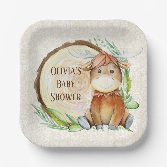 Plato De Papel Personalizado Baby Shower Cute Moose Greenery Wood (Anverso)
