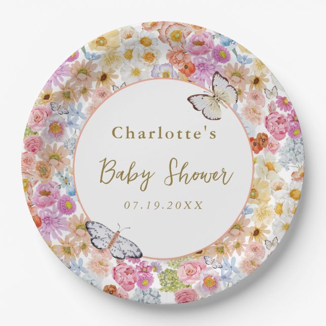Plato De Papel Personalizado Baby Shower de mariposa floral en la (Anverso)