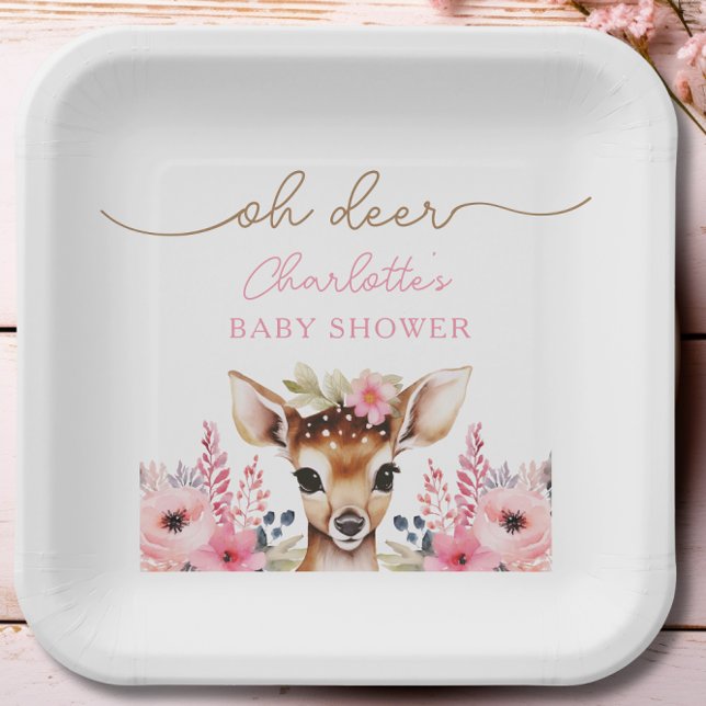 Plato De Papel Personalizado Baby Shower de Woodland Deer Pink Fl (Woodland Deer Pink Floral Girl Baby Shower Custom Paper Plates)