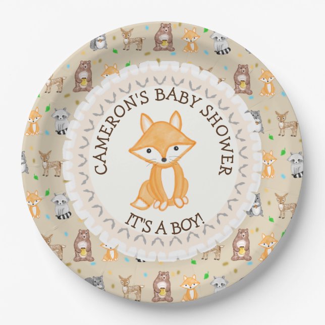 Plato De Papel Personalizado Baby Shower Plates Woodland Thuelo (Anverso)