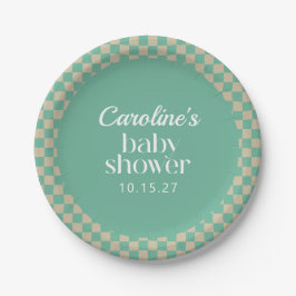 Plato De Papel Personalizado Baby Shower Retro Checkerboard Mint 