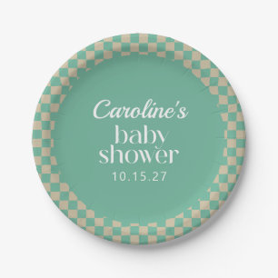 Plato De Papel Personalizado Baby Shower Retro Checkerboard Mint