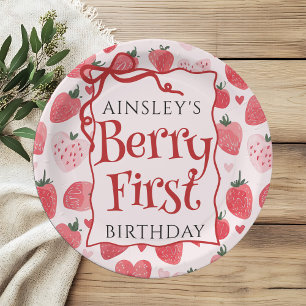 Plato De Papel Personalizado Berry First Coquette Pink Bow 1º cum
