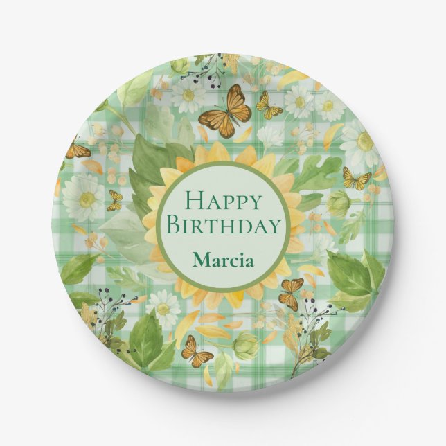 Plato De Papel Personalizado Birthday Green Gingham Sunflower But (Anverso)