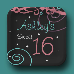 Plato De Papel Personalizado Black Sweet 16 Placas de fiesta de c