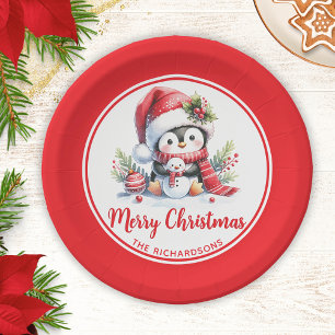 Plato De Papel Personalizado blanco rojo pingüino lindo Feliz Nav