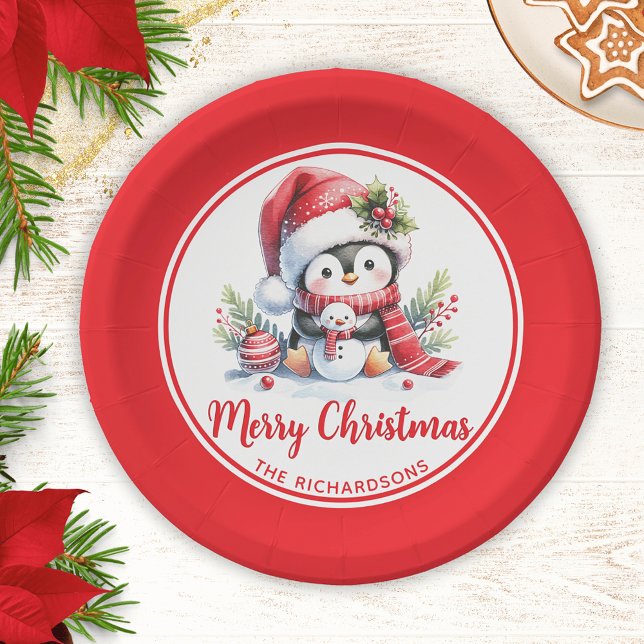Plato De Papel Personalizado blanco rojo pingüino lindo Feliz Nav (Subido por el creador)