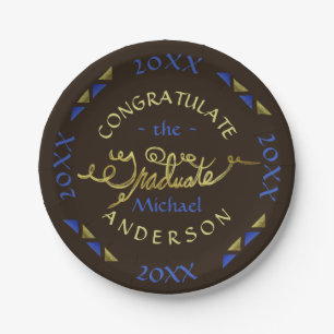 Plato De Papel Personalizado Blue Brown Faux Gold del partido de 