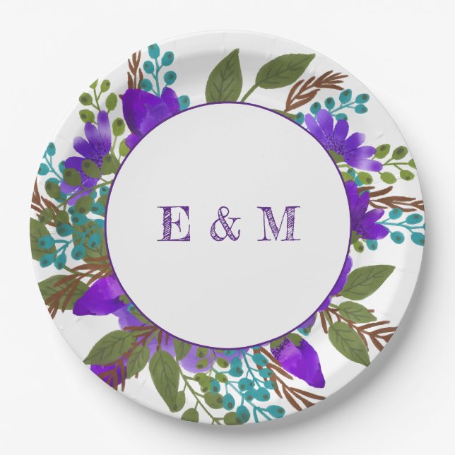 Plato De Papel Personalizado Boda Purple Floral (Anverso)