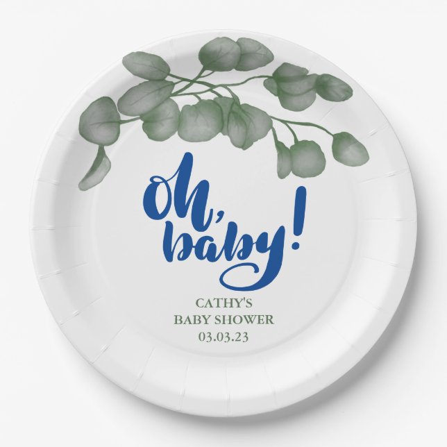 Plato De Papel Personalizado Branded Greenery Oh Baby | BABY SHOW (Anverso)