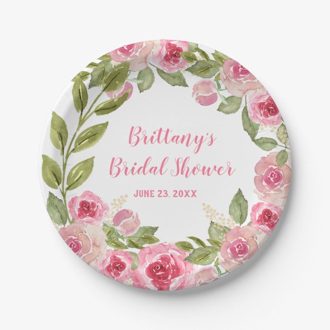 Plato De Papel Personalizado Bridal Shower Wild Pink Roses Greene (Anverso)