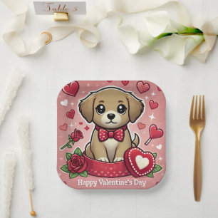 Plato De Papel Personalizado Cachorro con corazón El día de San V