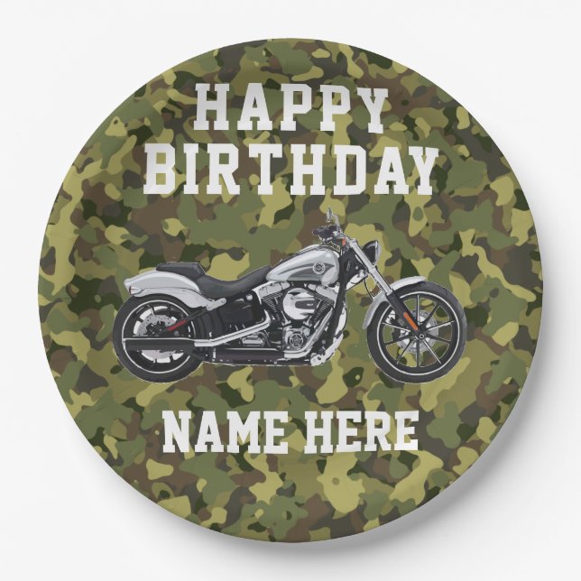 Plato De Papel Personalizado Camo Motorcycle Happy Birday Name (Anverso)