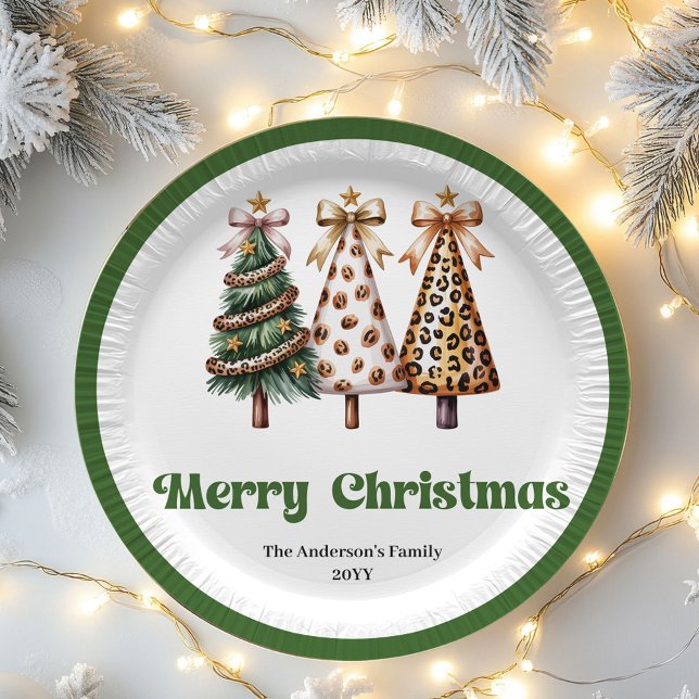 Plato de papel personalizado con árbol de Navidad  (Charming Leopard Christmas Tree Custom Paper Plates)
