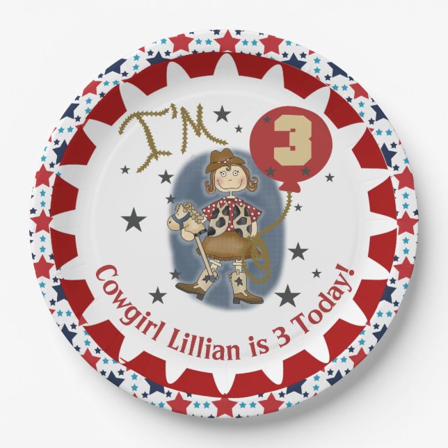 Plato De Papel Personalizado Cowgirl 3Happy Birday Paper Plates (Anverso)