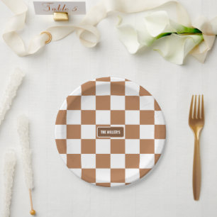 Plato De Papel Personalizado Cuadros Neutro Cognac Camello