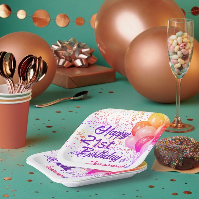 Plato De Papel Personalizado Cumpleaños colorida confetti con glo (Multi)