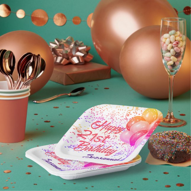 Plato De Papel Personalizado Cumpleaños colorida confetti con glo (Multi)