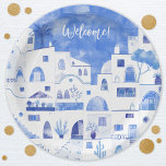 Plato De Papel Personalizado de acuarela de Santorini Grecia Text<br><div class="desc">Un moderno cuadro acuático azul y blanco de la isla griega de Santorini. Arte original de Nic Squirrell. Cambie o elimine el texto al personalizar.</div>