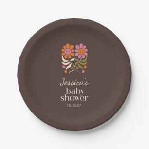 Plato De Papel Personalizado de Baby Shower Retro Boho Brown Flow