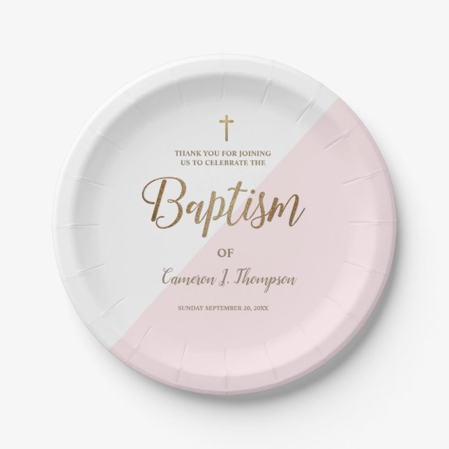 Plato De Papel Personalizado de bautismo de bebé cruzado de oro r (Anverso)