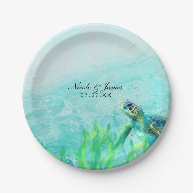Plato De Papel Personalizado de Bodas Elegante de Sea Turtle Ocea (Anverso)
