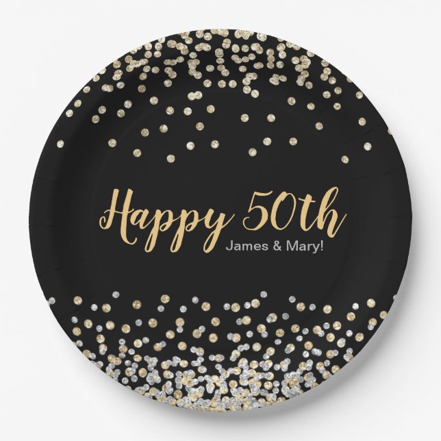 Plato De Papel Personalizado de Confetti Gold Silver Fiesta 50° a (Anverso)