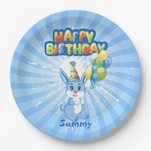 Plato De Papel Personalizado de cumpleaños de Blue Bunny (Anverso)
