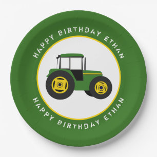 Plato De Papel Personalizado de cumpleaños de Green Tractor