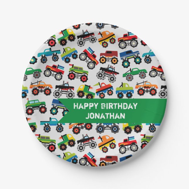 Plato De Papel Personalizado de cumpleaños de Monster Truck (Anverso)