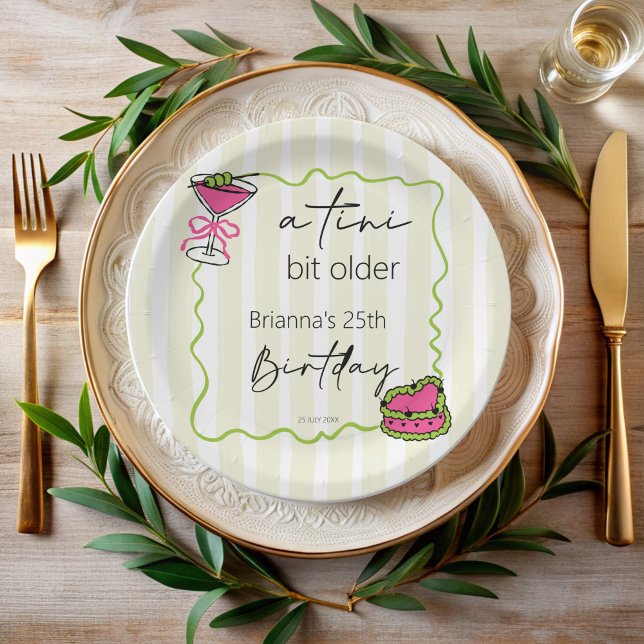 Plato De Papel Personalizado de cumpleaños retro de barandilla má (Tini bit older handrawn retro birthday monogrammed paper plates personalized martini party decor)