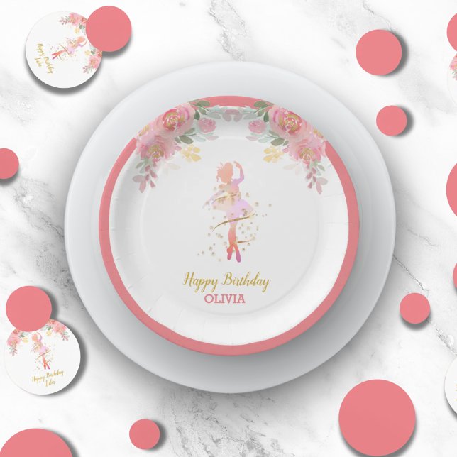 Plato De Papel Personalizado de ducha de fiesta de cumpleaños Pin (Pink Ballerina Birthday Party Shower Custom Paper Plates)