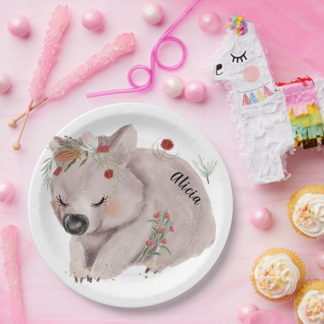 Plato De Papel Personalizado de Especkle de Oro Cute Baby Wombat (Fiesta)