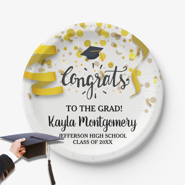 Plato De Papel Personalizado de Felicitaciones Grad Cap Gold Conf (Subido por el creador)