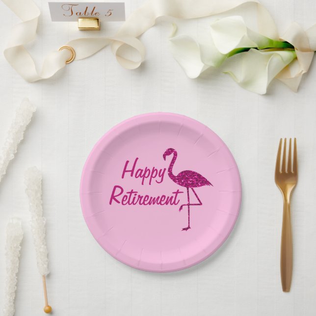 Plato De Papel Personalizado de flamingo rosa brillante de retiro (Boda)