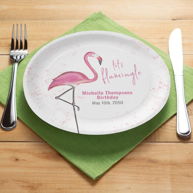 Plato De Papel Personalizado de Flamingo Rosado del Partido del C (Birthday pink flamingo Paper  plate with watercolor tropical artwork.)